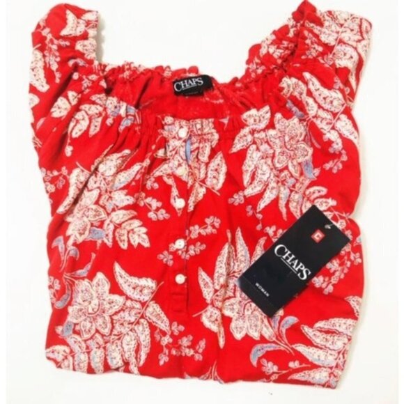 Chaps Womens Red Floral Off Shoulder Short Sleeve Button Top Plus Sz 1X New - Picture 6 of 9